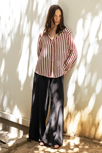 Trendyol Collection Burgundy Comfortable Fit Striped Woven Thin Shirt Twoss25Go00172