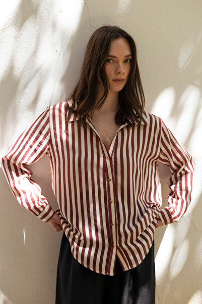 Trendyol Collection Burgundy Comfortable Fit Striped Woven Thin Shirt Twoss25Go00172