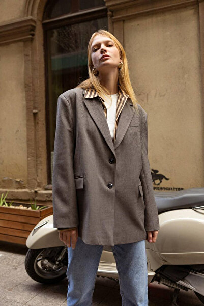 Trendyol Collection Graue lange Oversize-Dokuma-Blazerjacke TWOAW26CE00084