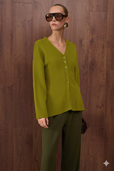 Trendyol Collection Oil Green V-Neck Mercerized Look Premium Yarn/Special Yarn Knitwear Cardigan Twoaw26Hi00079