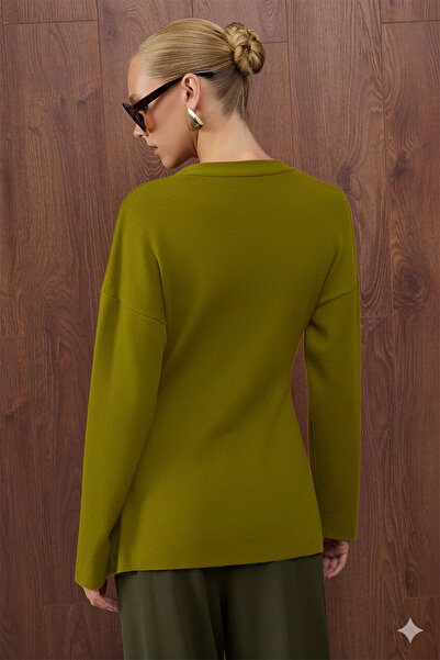 Trendyol Collection Oil Green V-Neck Mercerized Look Premium Yarn/Special Yarn Knitwear Cardigan Twoaw26Hi00079