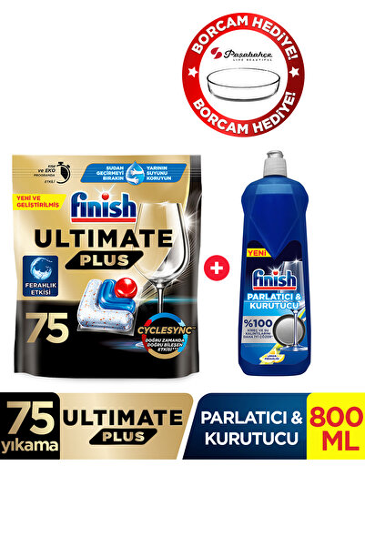 Finish Ultimate Plus Bulaşık Makinesi Deterjanı75 Adet +Parlatıcı & Kurutucu 800 ml  +Borcam Hediye