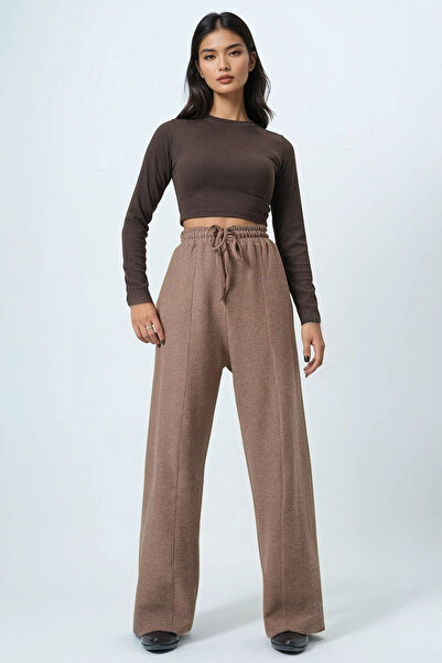 Trend Alaçatı Stili Women's Milk Coffee High Waist Tie Detail Thick Trousers Alc-X14549