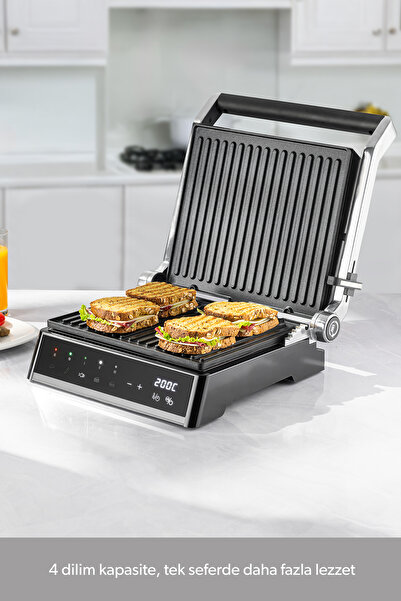 HOMEND Grilliant 1341h Inox Gövdeli, Döküm Plakalı, 5 Programlı, Led Ekranlı Tost Ve Izgara Makinesi