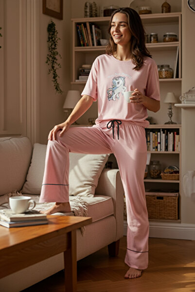 Trendyol Collection Powder Cotton Leisure Printed Piping Detail Knitted Pajamas Set Thmss21Pt0953
