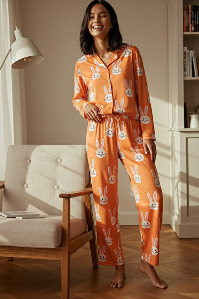 Trendyol Collection Orange Rabbit Print Viscose Woven Pajamas Set Thmaw21Pt0048