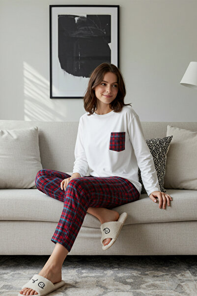 Trendyol Collection White 100% Cotton Plaid Pocket Detail Knitted Pajama Set Thmaw24Pt00228