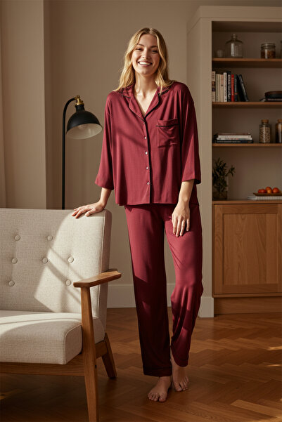 Trendyol Collection Burgundy Ribbed Viscose Woven Pajamas Set Thmaw21Pt0292