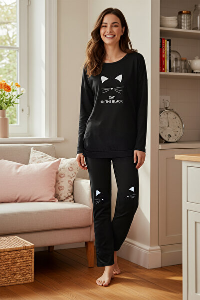 Trendyol Collection Чорно-білий піжамний комплект з 100 бавовни Orme THMAW22PT0611 з принтом THMAW22PT0611