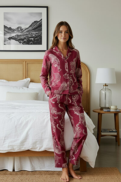 Trendyol Collection Claret Red Tiger Patterned Viscose Woven Pajamas Set Thmaw24Pt00092