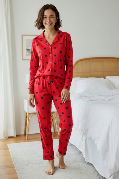 Trendyol Collection Piros 100% pamut szív kötött pizsama szett THMAW21PT0548