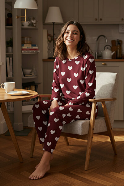 Trendyol Collection Σετ Πιτζάμες Βουργουνδίας 100% Βαμβακερή Πλεκτή Καρδιά THMAW21PT0566