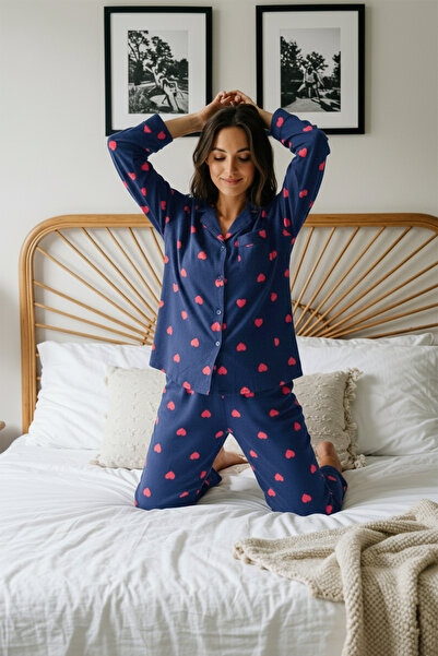 Trendyol Collection Navy 100% Cotton Heart Knitted Pajamas Set Thmaw21Pt0548