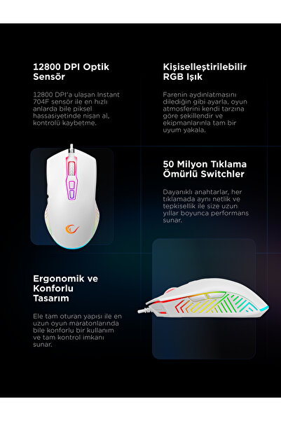 Rampage SMX-G68 SPEAR V2 FULL RGB 12800 DPI Beyaz 7D Makrolu Gaming Oyuncu Mouse