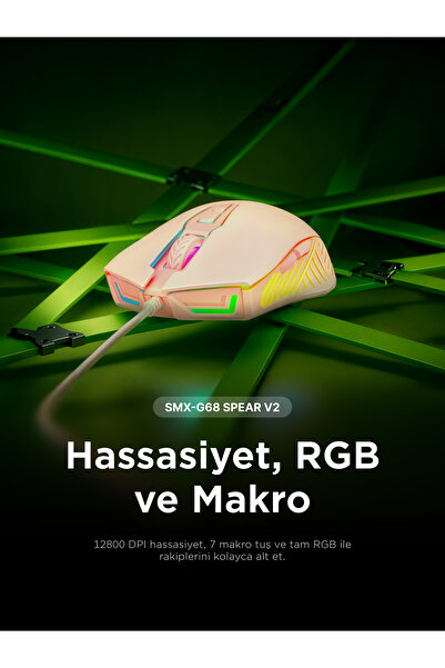 Rampage SMX-G68 SPEAR V2 FULL RGB 12800 DPI Pembe 7D Makrolu Gaming Oyuncu Mouse
