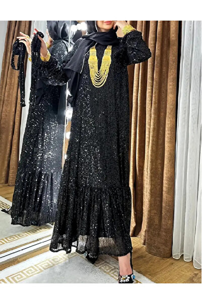Mefa basic Tesettür abiye pul payetli pileli geniş uzun elbise