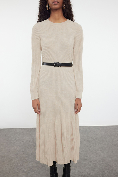 Trendyol Modest Πλεκτό Φόρεμα Πέτρινο Πλισέ TCTAW25EB00053