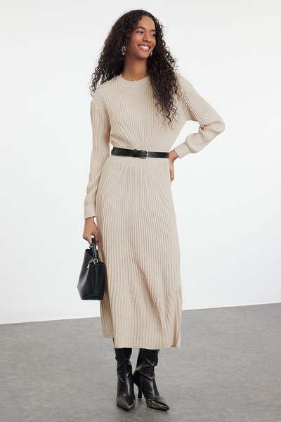 Trendyol Modest Πλεκτό Φόρεμα Πέτρινο Πλισέ TCTAW25EB00053