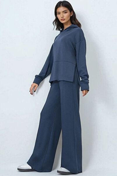 Trend Alaçatı Stili Women's Anthracite Hooded Inner Ribbed Modal Fabric Top and Bottom Set Alc-X14632