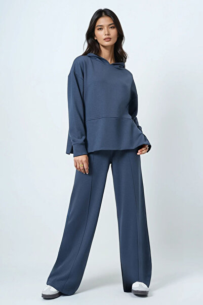 Trend Alaçatı Stili Women's Anthracite Hooded Inner Ribbed Modal Fabric Top and Bottom Set Alc-X14632