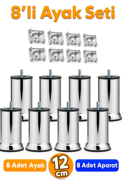 Badem10 Set of 8 Metal Furniture - Sofa, Armchair, Base, Bed Sofa Bed Heightening Leg, Bolt Chrome 12 Cm