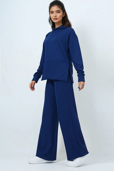 Trend Alaçatı Stili Women's Navy Blue Hooded Modal Fabric Bottom and Top Set with Inner Lining Alc-X14632