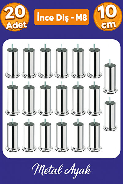 Badem10 Metal Chrome (10 cm) Plinth Armchair Sofa Furniture Bed Sofa Bed Leg Fine Thread M8 Metric Feet 20 Pcs