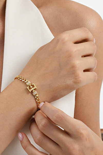 Söğütlü Silver Gümüş altın yaldızlı zirkon taşlı üç boyutlu gurmet zincirli E harf bileklik SGTL12300GOLD-E