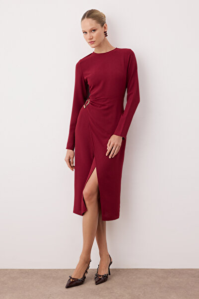 Trendyol Collection Burgundy Plain A-Line Midi Woven Dress with Accessory Detail Twoaw26El00182
