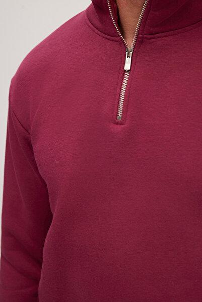 Tudors Φούτερ Unisex Relax Fit Άνετο Κομμένο Βαμβακερό Φούτερ με Φλις Εσωτερικά, Μισό Φερμουάρ, Φούξια Στανταριές Φούτερ με Κολάρο