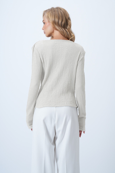 Trend Alaçatı Stili Γυναικεία ανοιχτό μπεζ μπλούζα με γιακά με ντεγκάζε γιακά και ντραπέ ώμους ALC-X14585