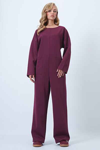 Trend Alaçatı Stili Women's Plum Crew Neck Zippered Back Relaxed Fit Jumpsuit Alc-X14554