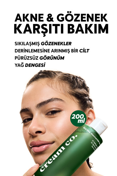 Cream Co. Akne Karşıtı Gözenek Sıkılaştırıcı BHA PHA Niacinamide Tonik | Arındırıcı | Glikolik Asit | 200ML