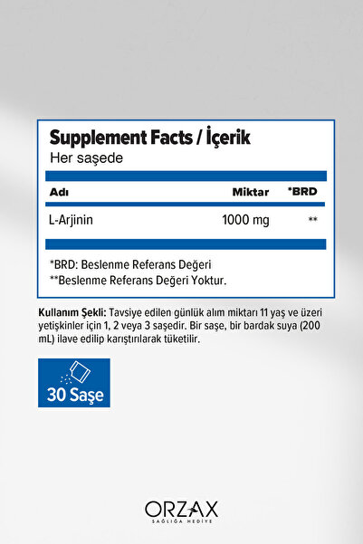 Ocean Orzax L-Arjinin 1000 mg Takviye Edici Gıda 60 Saşe