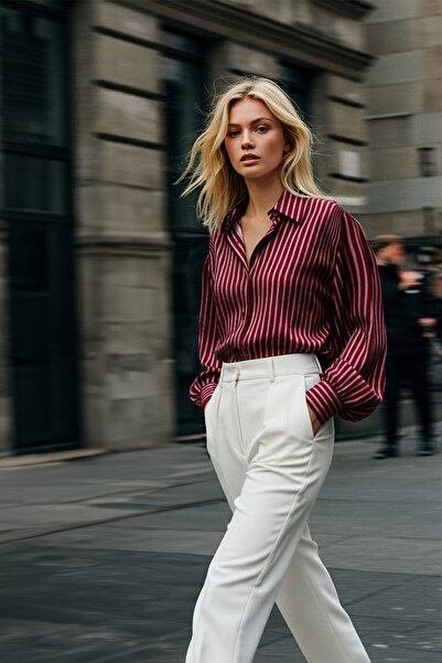 Trendyol Collection Burgundy Textured Striped Woven Shirt Twoaw26Go00074