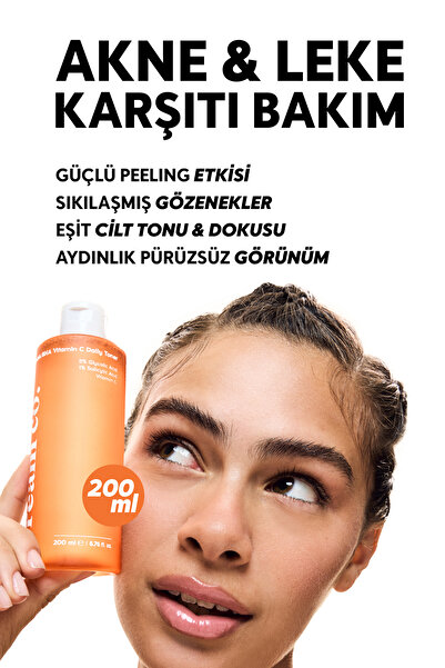 Cream Co. Leke Karşıtı Gözenek Sıkılaştırıcı AHA BHA C Vitamini Tonik | Glikolik Asit Salisilik Asit | 200ML