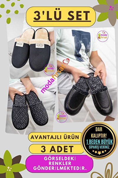 Modafırsat 3-Piece Pack Men's Slippers Daily Home Slippers Guest Dowry Bundle Groom 3-Piece Slipper Set
