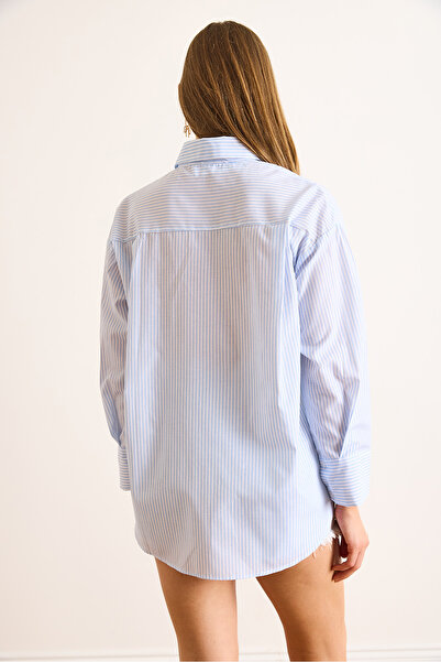 Olalook Women's Striped Baby Blue Hidden Placket Poplin Shirt Gml- 19000867