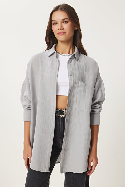 Happiness İstanbul Women's Gray Oversize Basic Muslin Shirt Mx00150