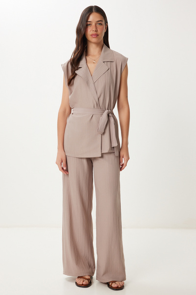 Happiness İstanbul Women's Mink Belted Vest Palazzo Knitted Set By00055