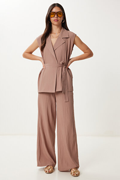 Happiness İstanbul Women's Brown Belted Vest Palazzo Knitted Set By00055