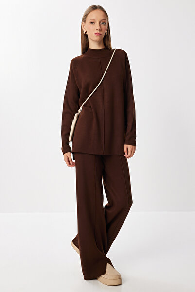 Happiness İstanbul Women's Brown Stylish Knitwear Sweater Pants Set Mu00012