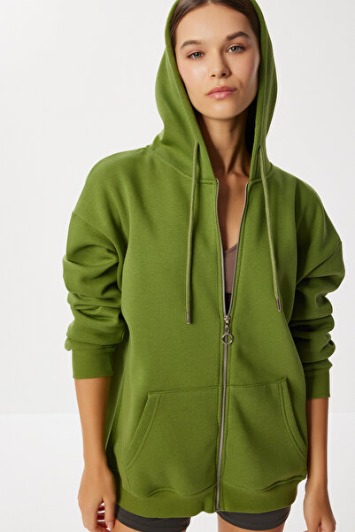 Happiness İstanbul Дамска оливковозелена суитшърт с качулка и цип UB00124
