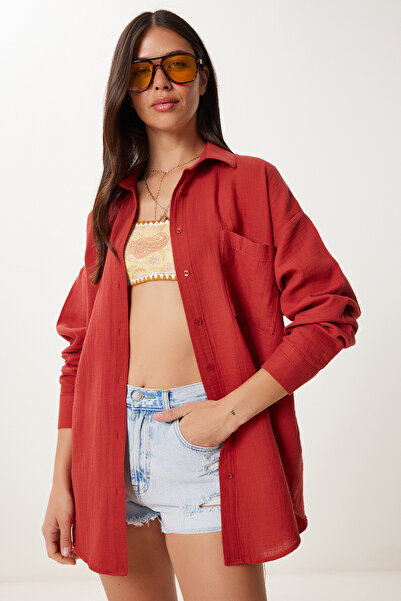 Happiness İstanbul Kadın Kiremit Oversize Basic Müslin Gömlek  MX00150