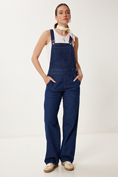 Happiness İstanbul Kadın Koyu Mavi Geniş Cepli Denim Bahçıvan Tulum RV00162