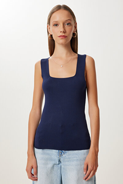 Happiness İstanbul Damen-Strickbluse mit quadratischem Ausschnitt und dickem Träger in Marineblau und Weiß, 2er-Pack, US00822