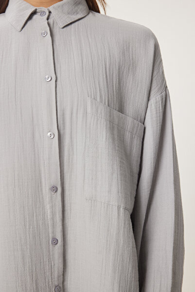 Happiness İstanbul Women's Gray Oversize Basic Muslin Shirt Mx00150