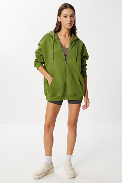 Happiness İstanbul Γυναικείο φούτερ με κουκούλα με φερμουάρ, πράσινο ελαιό, oversize UB00124