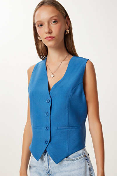 Happiness İstanbul Women's Indigo Blue V-Neck Stylish Ayrobin Vest To00067
