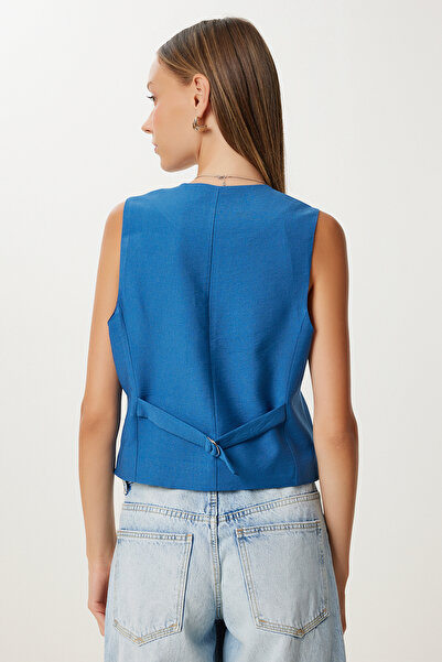 Happiness İstanbul Women's Indigo Blue V-Neck Stylish Ayrobin Vest To00067